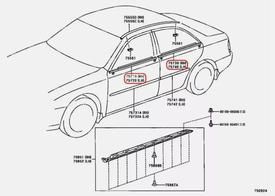 TOYOTA Genuine Camry Front & Rear Left & Right Door Belt Window Molding Set OEM