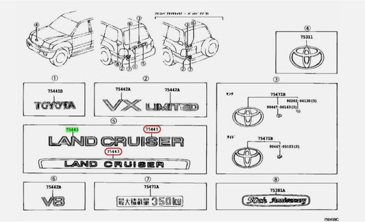 Toyota OEM "LAND CRUISER" Rear Nameplate Emblem for 2003-2007 75441-60500-C0