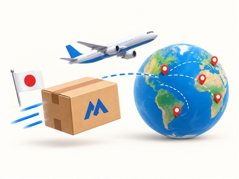 Friendly illustration of worldwide delivery from Japan