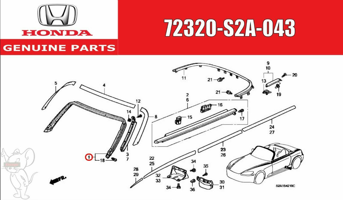 Honda S2000 AP1 AP2 Genuine Weatherstrip, Front. Roof Pillar 72320-S2A-043 OEM