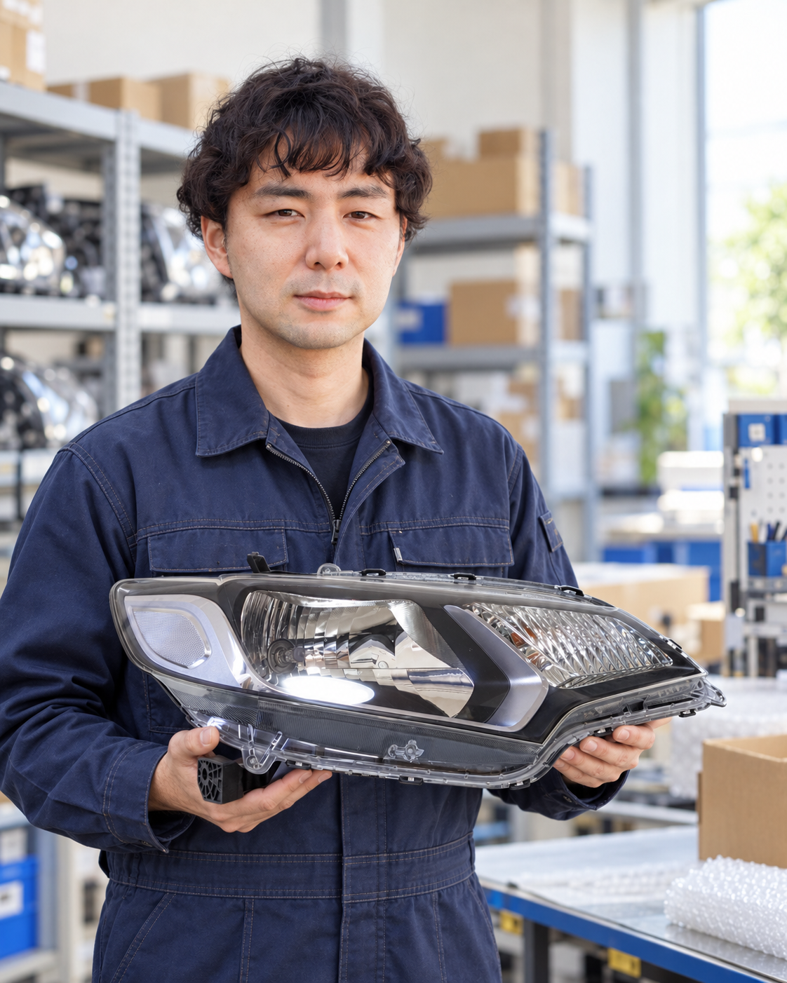 Hideyuki Motoi, founder of MEGAGARAGE.GK, holding a genuine headlight